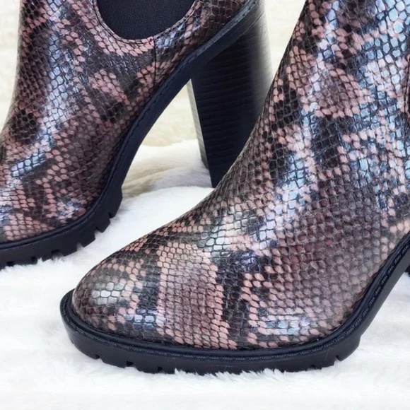 So Me  Brown Snake Print 4.25" Stacked Block Heel Slip On Ankle Boots - Picture 9 of 12